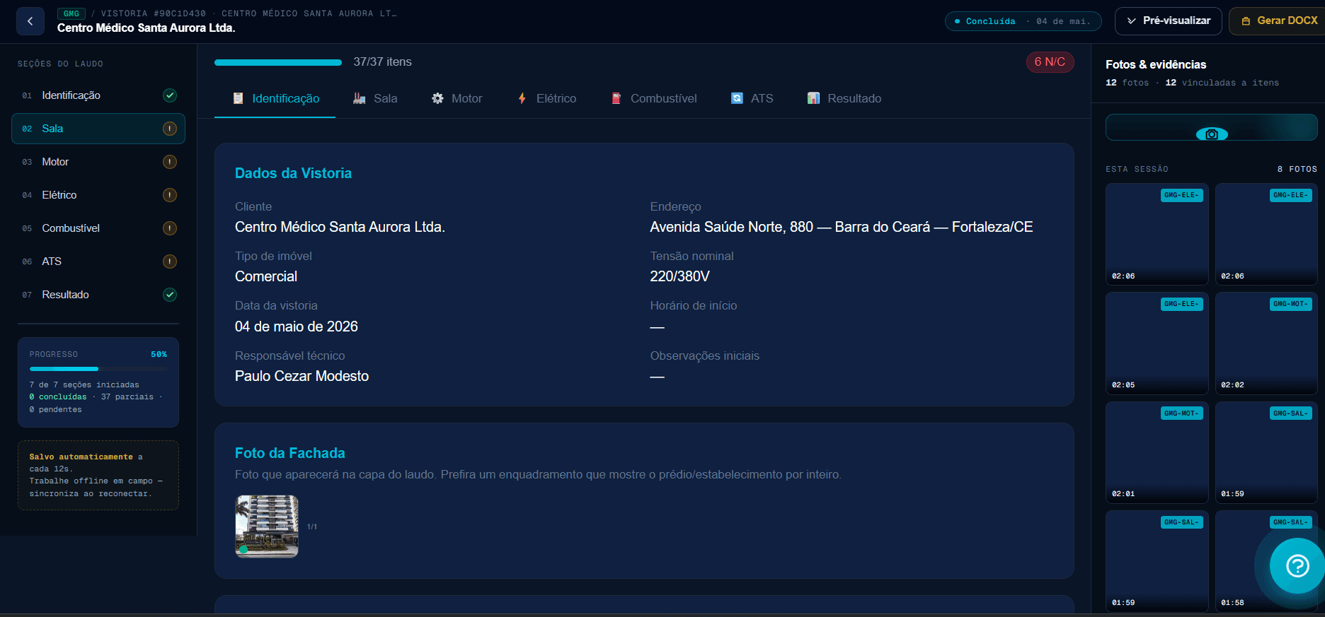 Editor de laudo GMG com seções, dados da vistoria e galeria de fotos & evidências