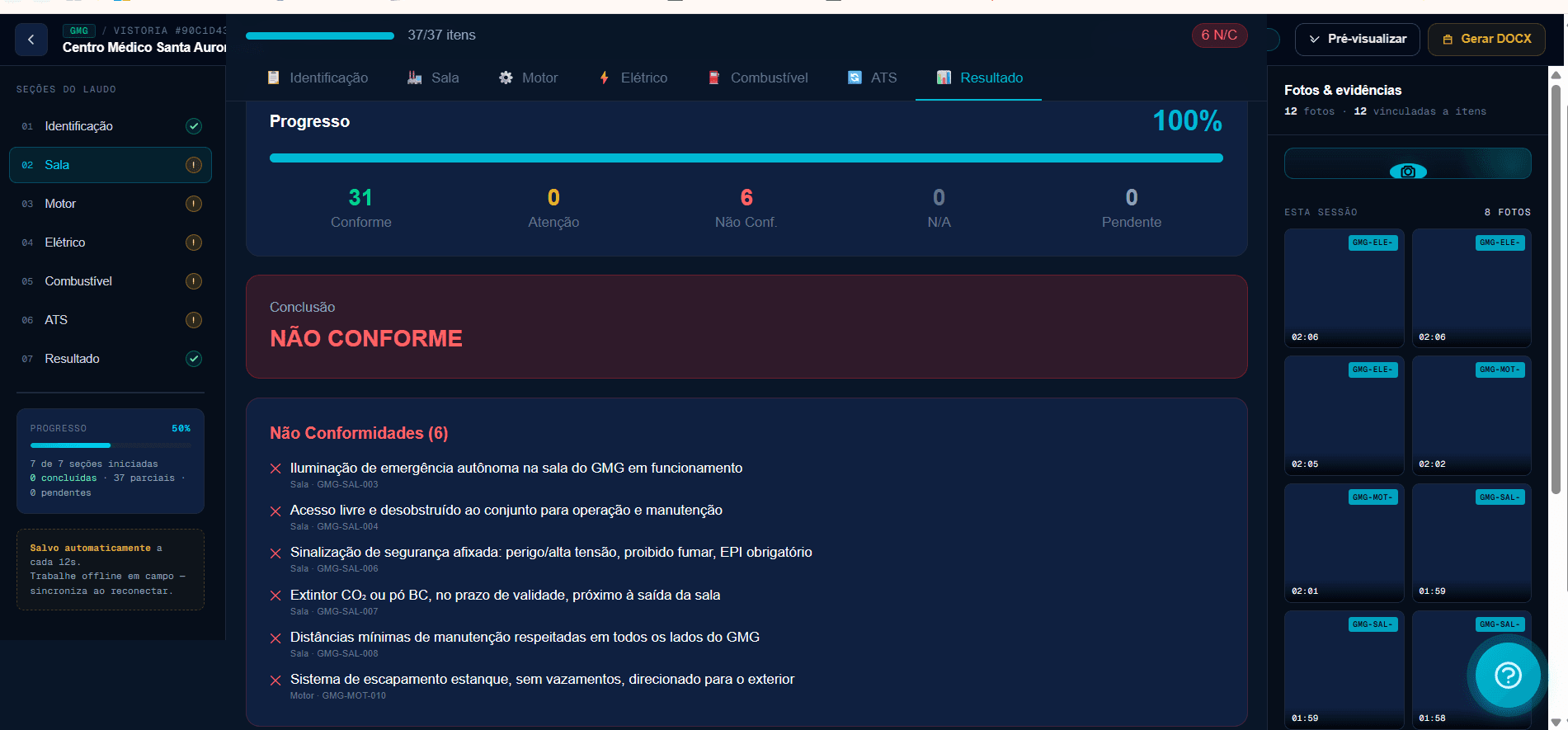Aba Resultado com 31 conformes, 6 não conformidades e conclusão NÃO CONFORME