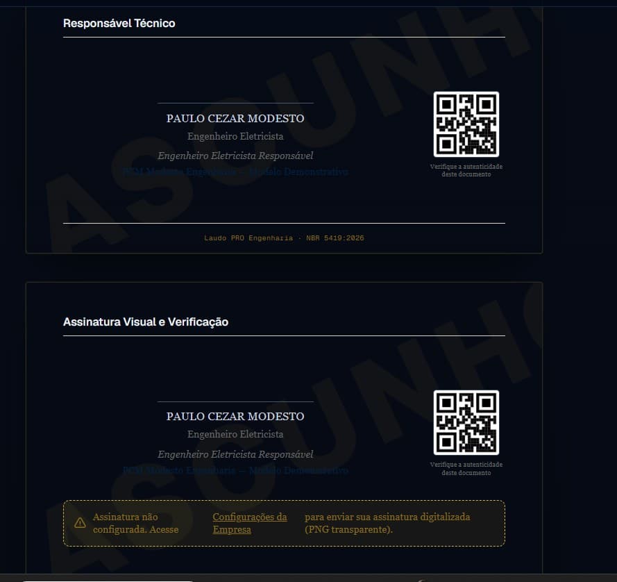 Responsável técnico, assinatura visual e QR Code de verificação