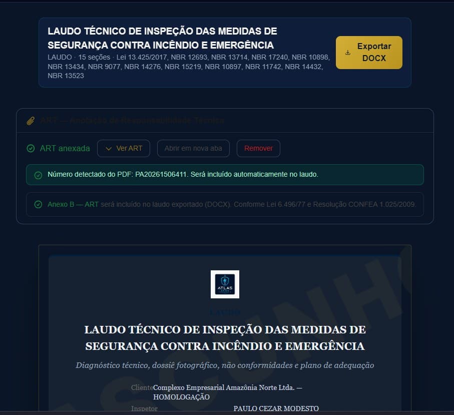 Laudo de incêndio: capa e exportação DOCX com ART anexada