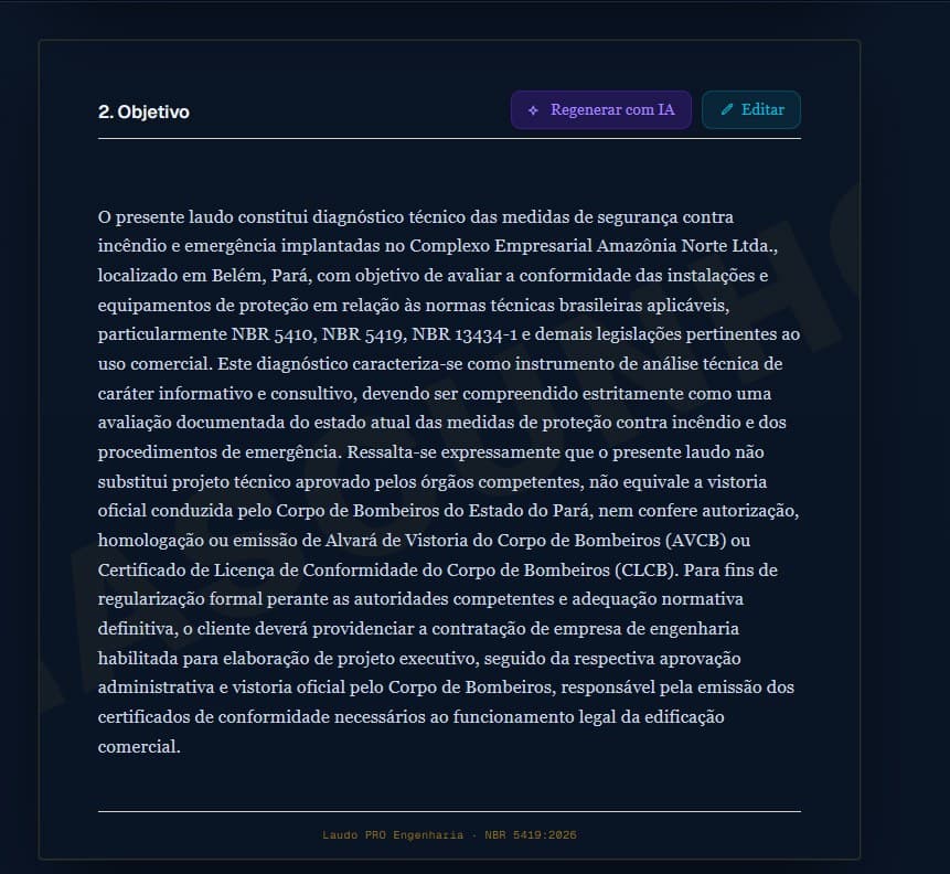 Seção Objetivo do laudo com diagnóstico técnico