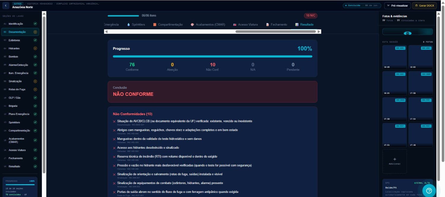 Aba Resultado com 76 conformes, 10 não conformidades e conclusão NÃO CONFORME