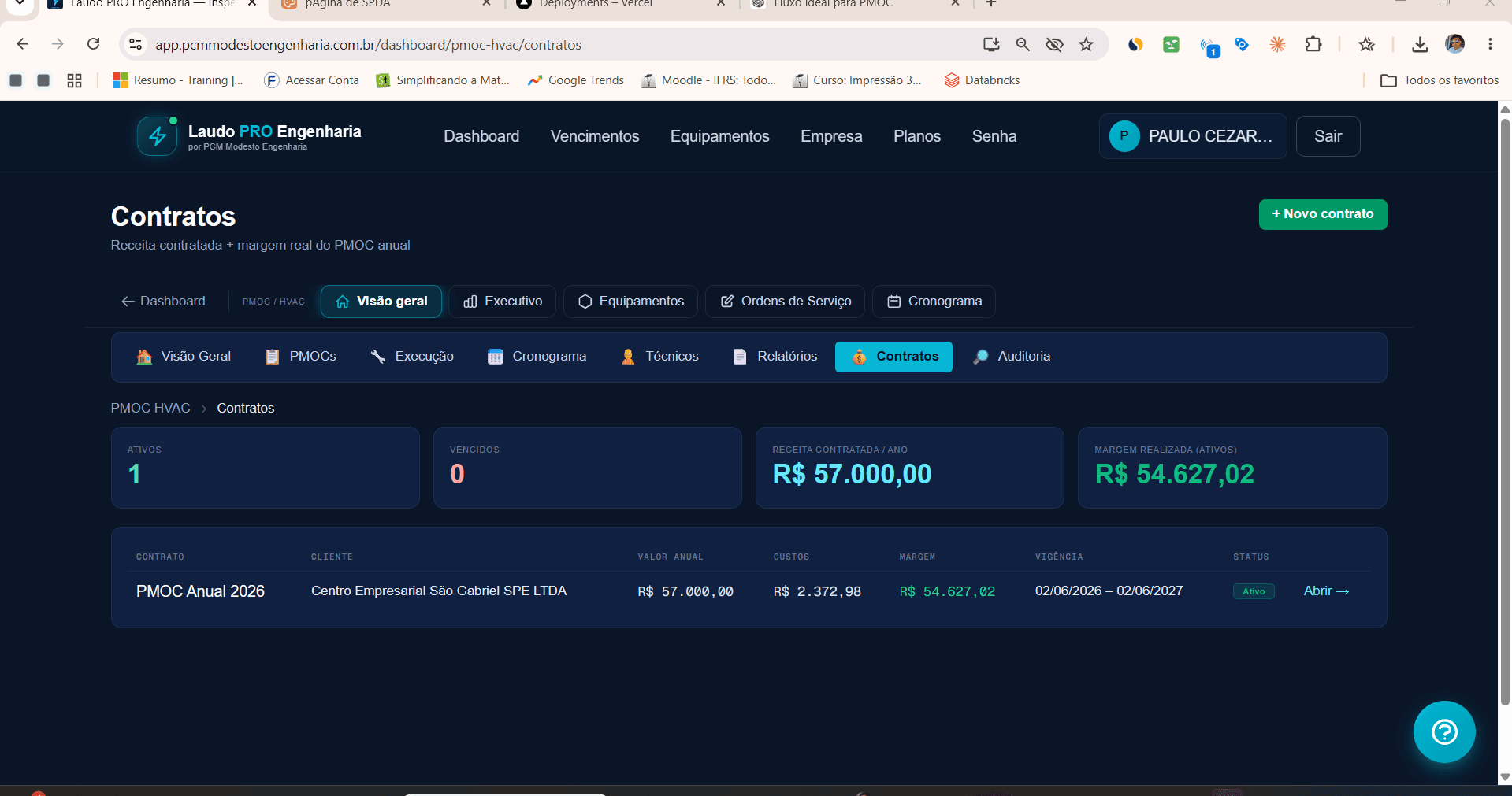 Tela de contratos com receita contratada e margem realizada