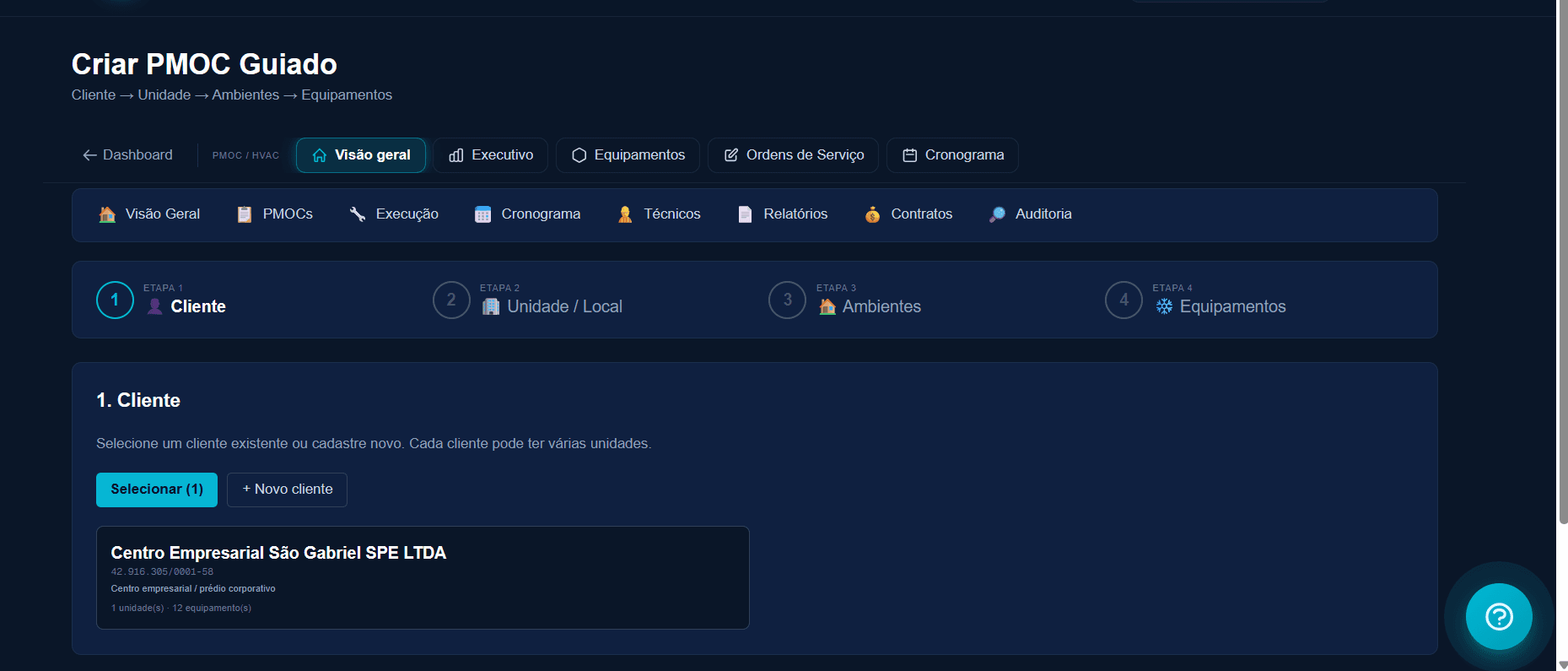 Assistente Criar PMOC Guiado com etapas cliente, unidade, ambientes, equipamentos
