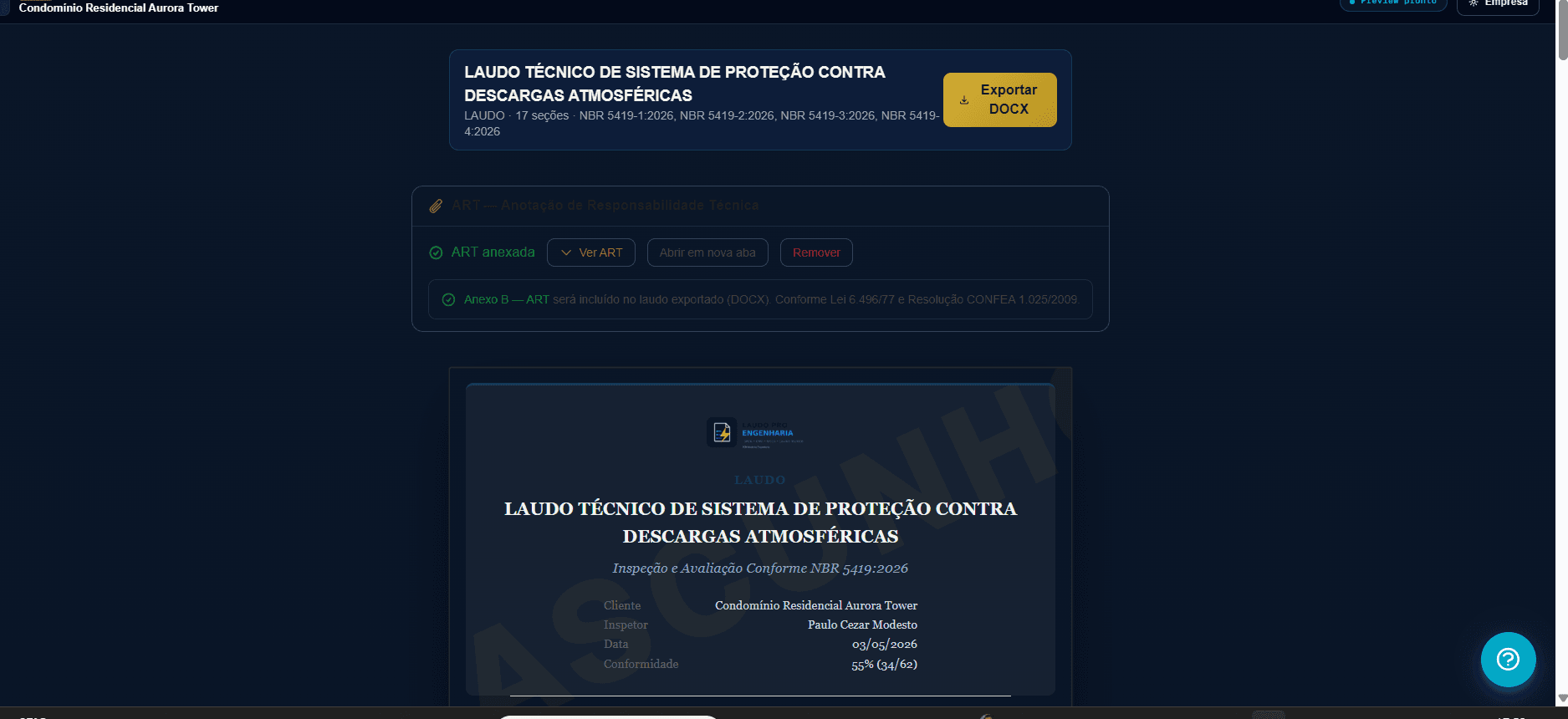 Página de assinatura do laudo