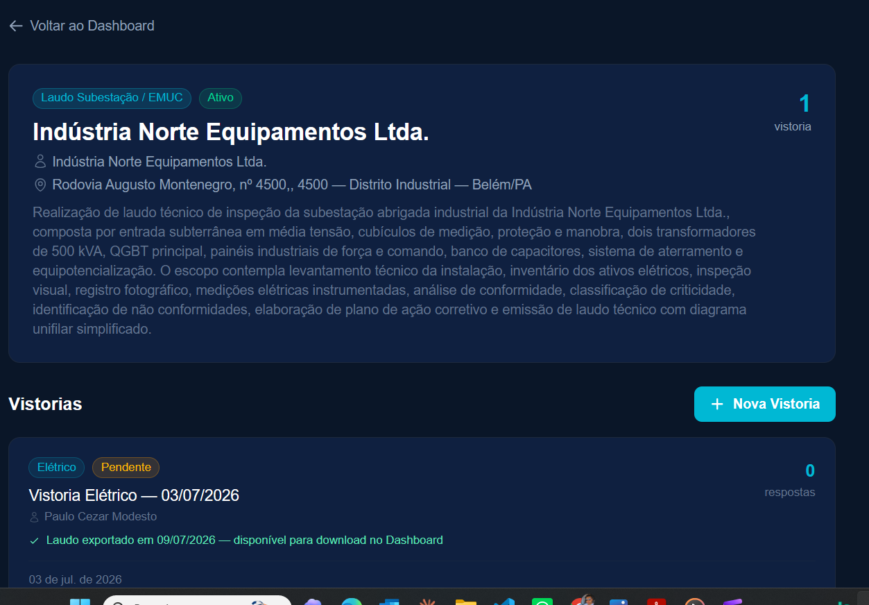 Dashboard do Laudo PRO com projetos ativos, vencimentos e mix por módulo