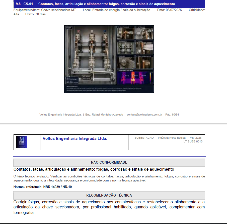 Capa do laudo técnico de subestação com diagrama unifilar representativo