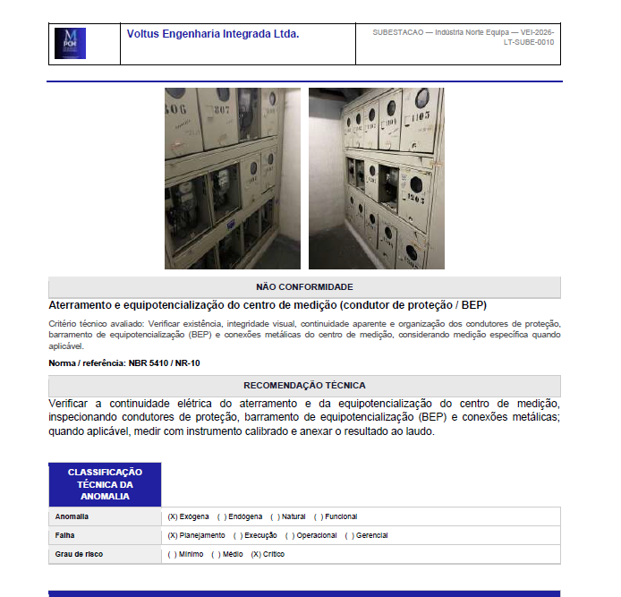 Não conformidade real da chave seccionadora CS-01 com fotos de contatos, articulação, corrosão e termografia em carga