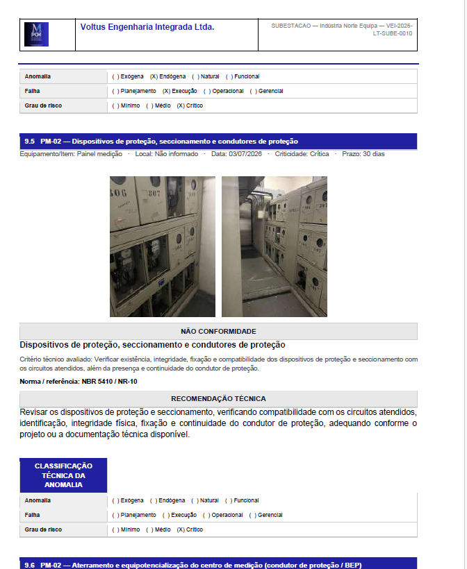 Não conformidade real: aterramento e equipotencialização do centro de medição, criticidade crítica